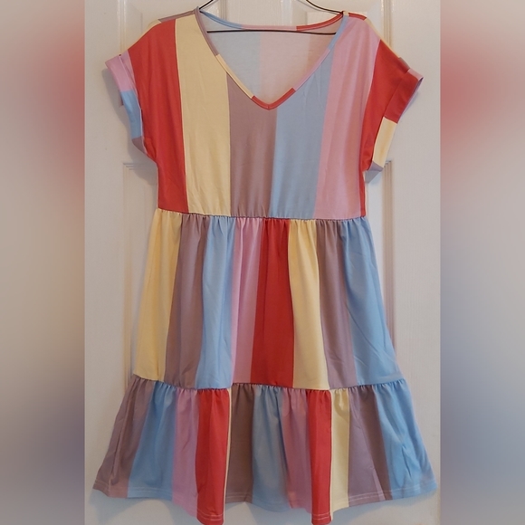 085. Red Multicolor Striped Color Block Tiered Mini Dress  Size S - Picture 3 of 14